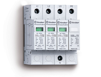 Finder Устройство защиты от импульсных перенапряжений УЗИП тип 1 (3 варистора + 1 искровый разрядник); модульный, ширина 70мм; степень защиты IP20 7P1482751012