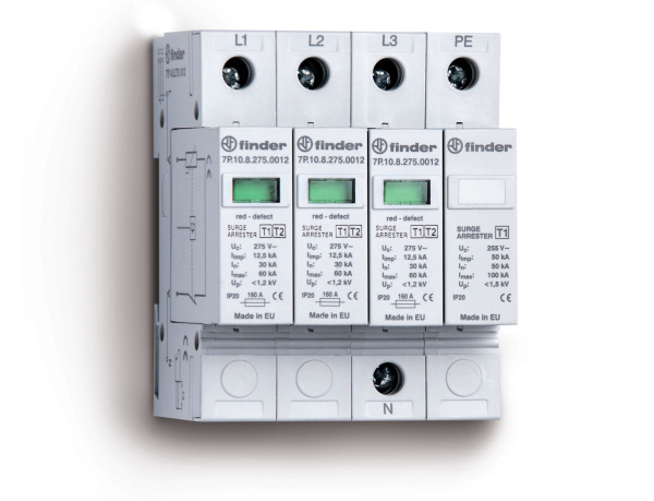 Finder Устройство защиты от импульсных перенапряжений УЗИП тип 1 (3 варистора + 1 искровый разрядник); модульный, ширина 70мм; степень защиты IP20 7P1482751012