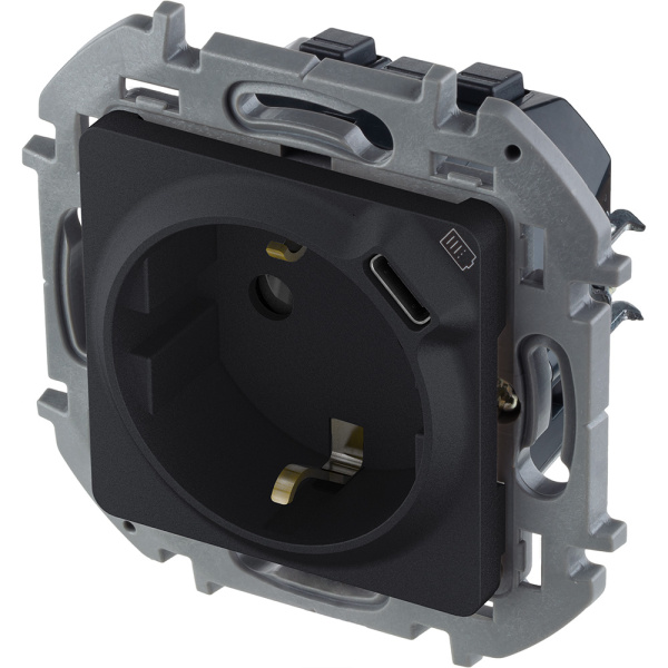 Купить Legrand INSPIRIA Антрацит Розетка 2К+З немецкий стандарт 16А 250В со встроенным зарядным устройством USB C 1.5А 5В 673773