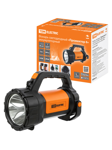 TDM Фонарь светодиод. "Прожектор 6", 5 Вт LED+10 SMD+9 SMD, 400 лм, 3,7 В 2x18650 2,4 А*ч, USB, SQ0350-0059