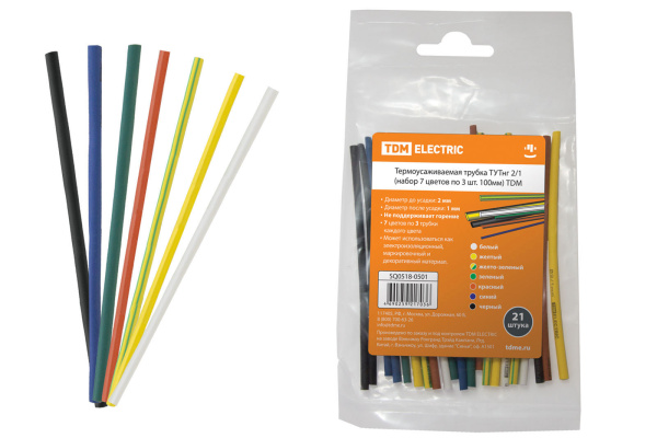 TDM Термоусаживаемая трубка ТУТнг 2/1 набор (7 цветов по 3 шт. 100мм) SQ0518-0501