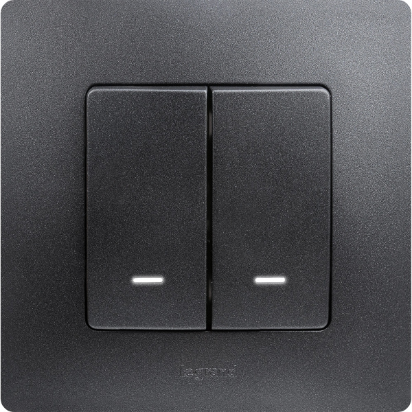 Купить Legrand Etika Антрацит Выключатель 2-клавишный с подсветкой/индикацией, авт.клеммы, 10 AX, 250 В 672604