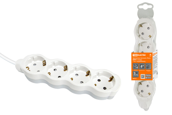 TDM Удлинитель бытовой "Люкс" УЛ04 4 гнезда, 7м, с/з, с з/ш, ПВС 3х1мм2 16А/250В бело-серый SQ1303-0283