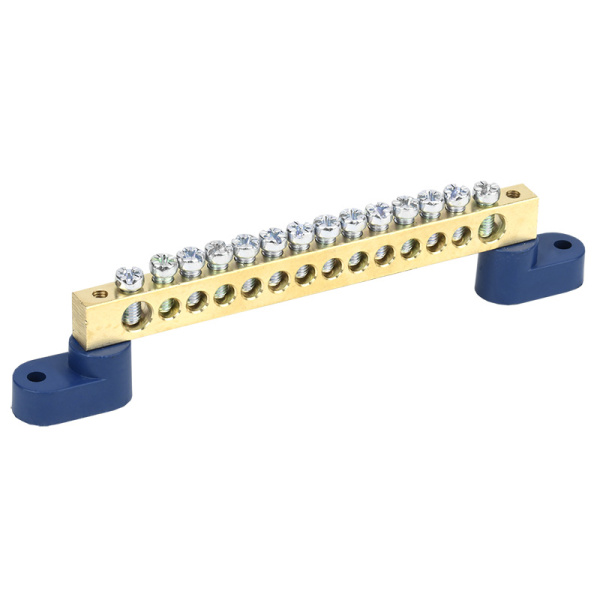 Шина «N» нулевая 8х12 мм на двух угловых синих изоляторах 14 групп Rexant 11-2336