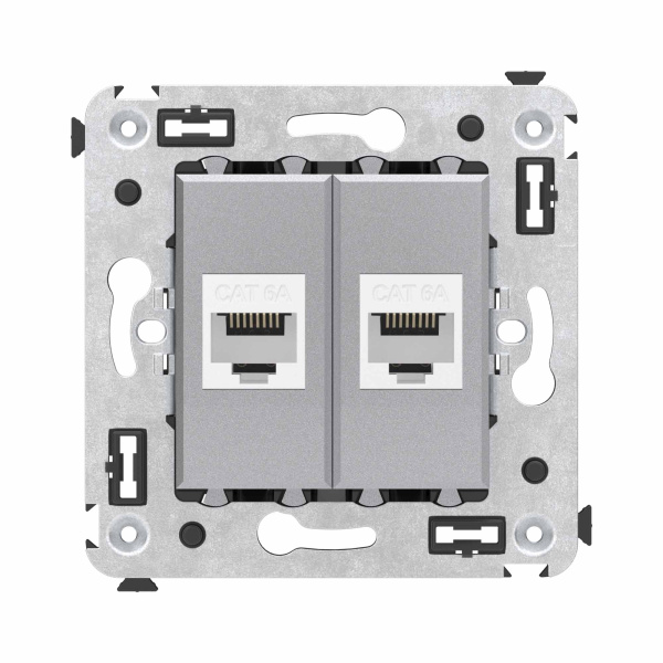 DKC Компьютерная розетка RJ-45 без шторки в стену, кат.6А двойная, "Avanti", "Закаленная сталь"