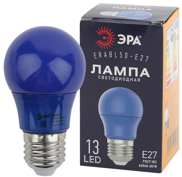 ЭРА ERABL50-E27 LED A50-3W-E27 (диод. груша син., 13SMD, 3W, E27, для белт-лайт) (10/100/3600)