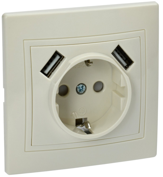 IEK KVARTA Роз. 1ая с з/к РЮш10-1-ККм 16А USBх2 2,1А крем.