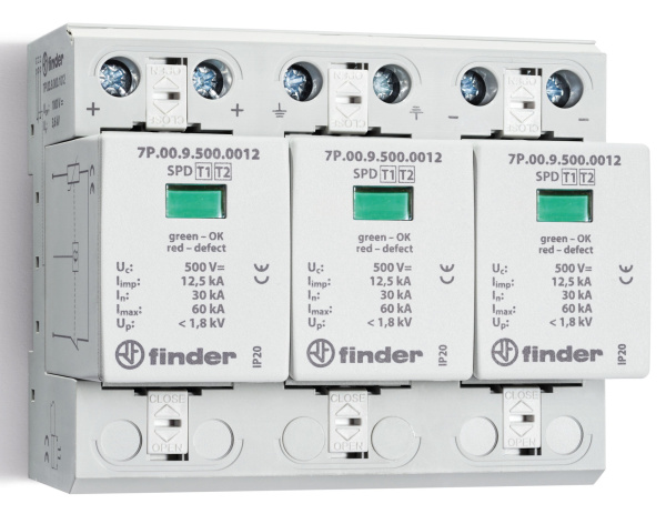 Finder Устройство защиты от импульсных перенапряжений УЗИП тип 1+2 (3 варистора 1000В DC); модульный, ширина 108мм; степень защиты IP20 7P0390001012