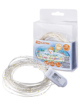 TDM Гирлянда светодиодная "Роса100" 100LED, 10м, 3000К, 2хCR2032, SQ0361-0056
