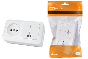 TDM Блок комбинированный выкл. 2-кл. с/п 10А + розетка 2П 10А 250В БКВР IP20 белый "Ладога" SQ1801-0108