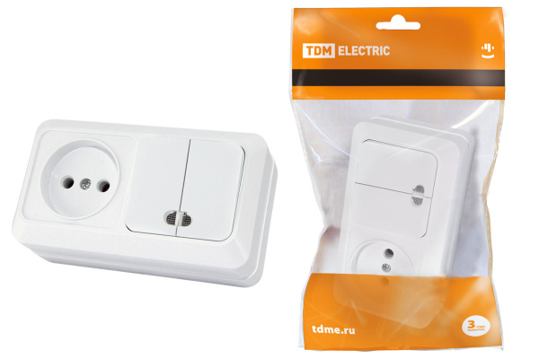 TDM Блок комбинированный выкл. 2-кл. с/п 10А + розетка 2П 10А 250В БКВР IP20 белый "Ладога" SQ1801-0108