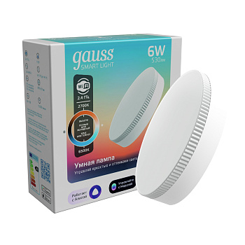 Лампа Gauss Smart Light 6W 530lm 2700-6500К GX53 изм.цвет.темп.+диммирование LED 1/10/100 1400112