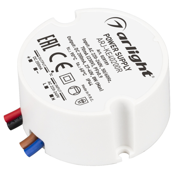 Arlight Блок питания ARJ-KE40200R (8W, 200mA, PFC) (IP44 Пластик, 5 лет) 028189