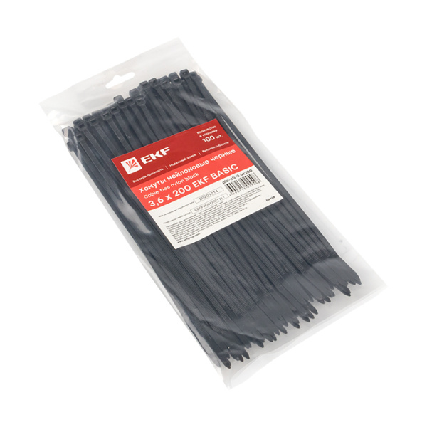 Купить EKF Basic Хомут нейлоновый черный (3,6х200) (100шт.)