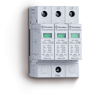 Finder Устройство защиты от импульсных перенапряжений УЗИП тип 1 (3 варистора); модульный, ширина 52.5мм; степень защиты IP20 7P1382751012