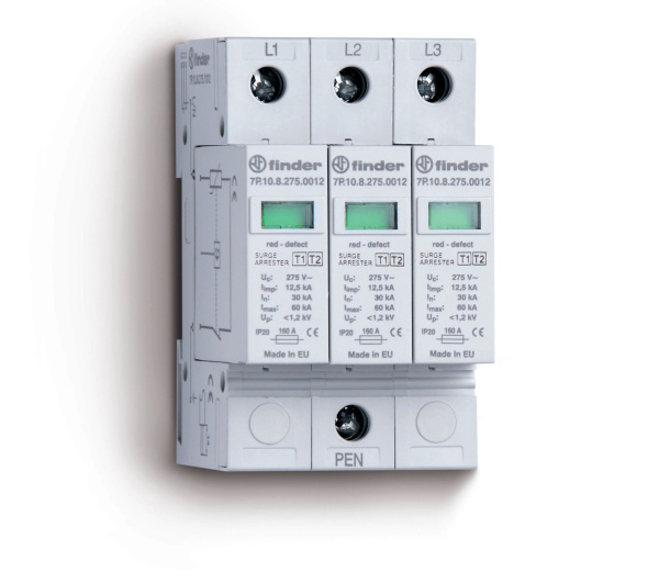 Finder Устройство защиты от импульсных перенапряжений УЗИП тип 1 (3 варистора); модульный, ширина 52.5мм; степень защиты IP20 7P1382751012