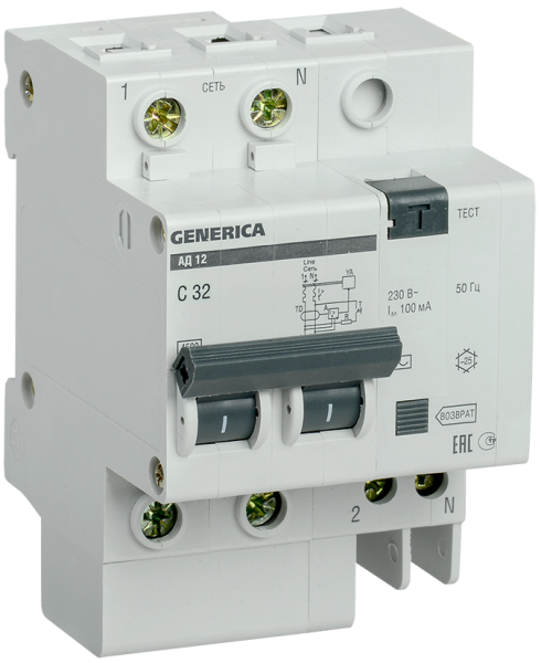 Купить IEK GENERICA Автоматический выключатель дифференциального тока АД12 2Р 32А 100мА MAD15-2-032-C-100