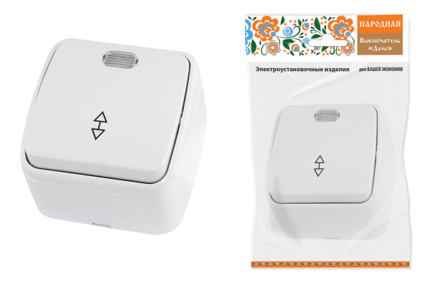 TDM Переключатель на 2 направления 1-кл. открытой установки с подсветкой IP20 10А, белый "Дача" Народная SQ1824-0006