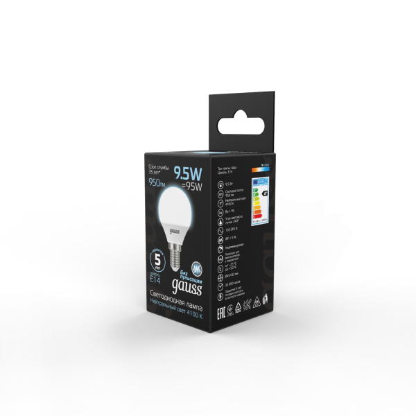 Купить Gauss Лампа Шар 9.5W 950lm 4100K E14 LED 105101210