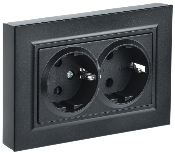 IEK BRITE Черный Розетка 2-м с/з без защ штор 16А в сборе РС12-3-БрЧ