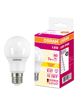 Osram Светодиодная лампа LED STAR Classic A 7W (замена 60Вт),теплый белый свет, матовая колба, Е27 4058075096387