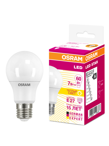 Osram Светодиодная лампа LED STAR Classic A 7W (замена 60Вт),теплый белый свет, матовая колба, Е27 4058075096387