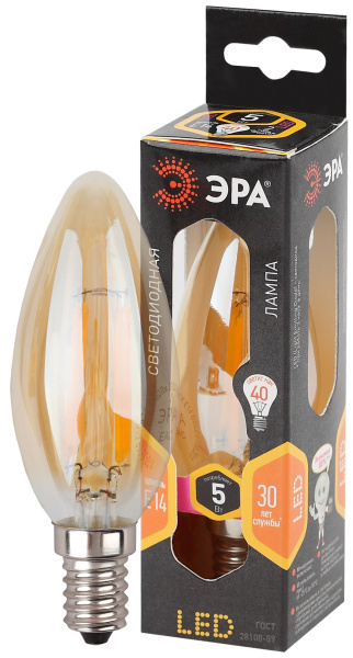 ЭРА F-LED B35-5W-827-E14 gold (филамент, свеча золот., 5Вт, тепл, E14)