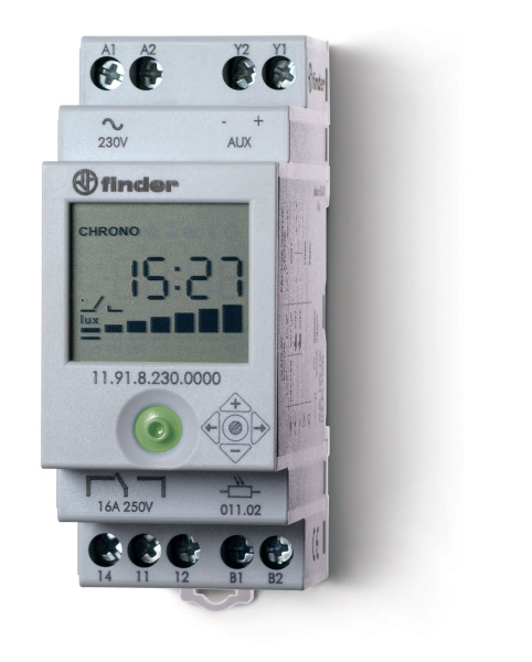 Finder Фотореле модульное с фотоэлементом 011.02; цифровое реле времени; монтаж на рейку 35мм; 1СO 16A + 1доп.выход (для 19.91); питание 230В АC; наст 119182300000