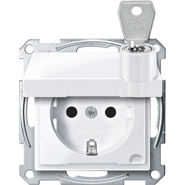 Купить SE Merten SM Бел Актив Розетка Schuko с крышкой запирающейся на замок, с защитными шторками, безвинт. зажим MTN2315-0325