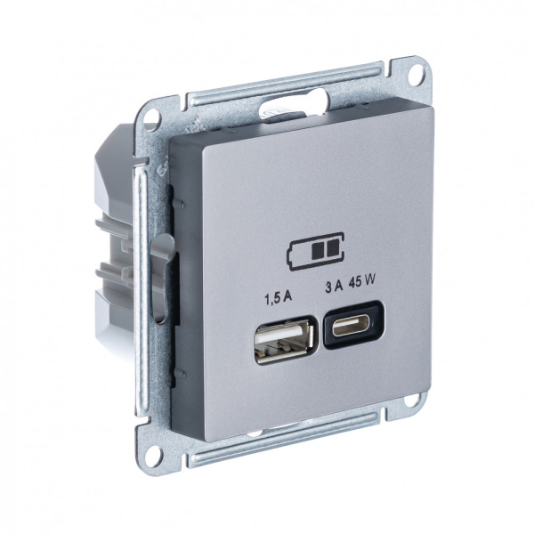 Systeme Electric AtlasDesign Сталь USB Розетка A + тип-C 45W высокоскор.заряд. QC, PD, мех.