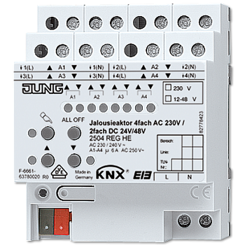 JUNG KNX Актор жалюзи 4-х канальный 220V AC 12-24V DC 6А возм ручн упр DIN-рейка 2504REGHE