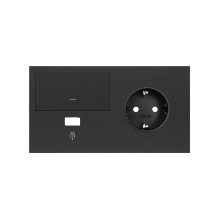 Simon 100 Черный матовый Кит 2 поста, фронт. Накладка на 1 розетку Schuko (справа) + 1 з/у USB SC + 1 клавиша выключателя 10020206-238
