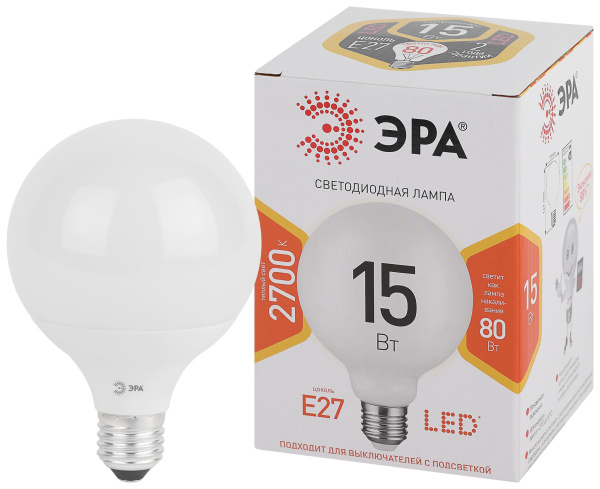 ЭРА LED G95-15W-2700K-E27 (диод, шар декор, 15Вт, тепл, E27) (20/560)
