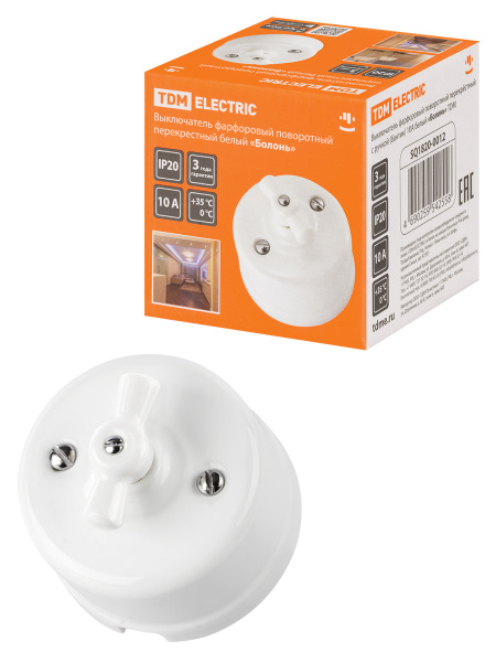 TDM Выключатель фарфоровый поворотный перекрёстный с ручкой (бантик) 10А белый «Болонь» SQ1820-0012