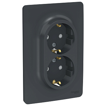 SE Unica New Антрацит Розетка двойная, со шторками, с заземлением, винт. зажим. NU206754