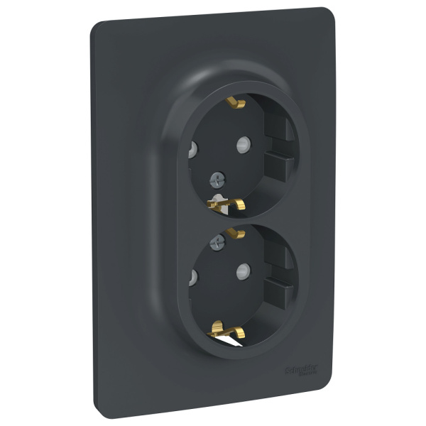 SE Unica New Антрацит Розетка двойная, со шторками, с заземлением, винт. зажим. NU206754