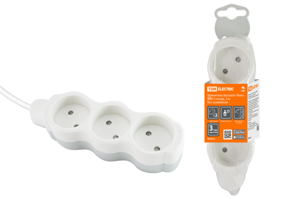 TDM Удлинитель бытовой  "Люкс" УЛ3 3 гнезда, 3м, б/з, с з/ш, ПВС 2х0,75 мм2  10А/250В бело-серый SQ1303-0224