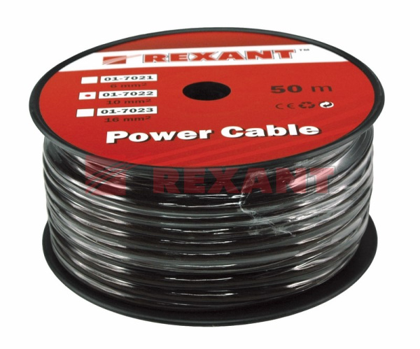 Купить Кабель силовой "Power Cable" 1х10мм², черный, 50м., d 7,5 мм. Rexant 01-7022