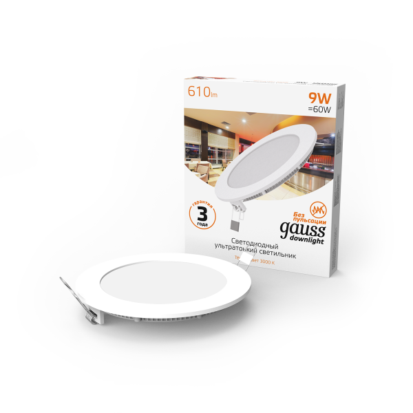 Купить Gauss Светильник Slim круг 9W 610lm 3000K 180-265V IP20 монтаж Ø130 145*22 LED 939111109