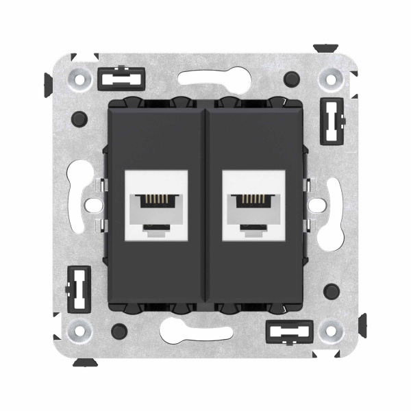 DKC Телефонная розетка RJ-12 без шторки в стену двойная, "Avanti", "Черный матовый"