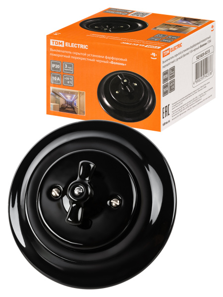 TDM Выключатель скрытой установки фарфоровый поворотный перекрёстный с ручкой (бантик) 10А черный «Болон SQ1820-0215