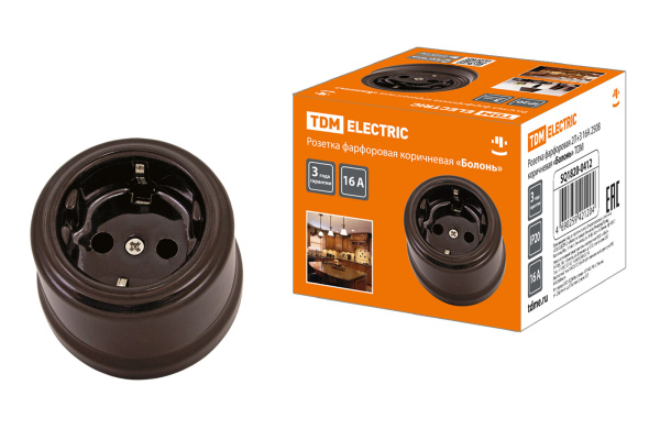 TDM Розетка фарфоровая 2П+З 16А 250В коричневая «Болонь» SQ1820-0412