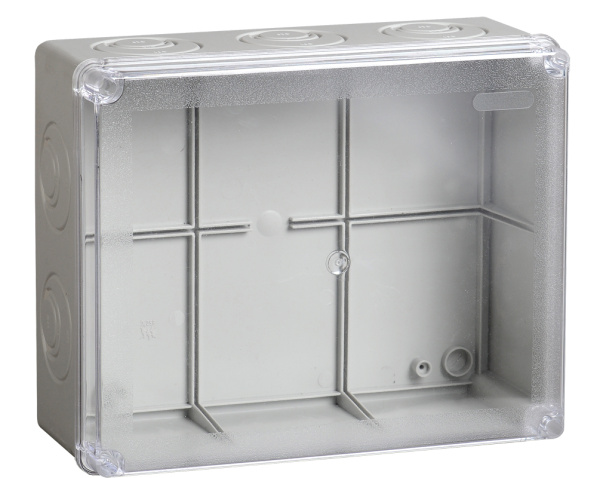 IEK Коробка КМ41275 распаячная для о/п 240х195х90 мм IP44 (RAL7035, прозр. кр., кабельные вводы 5 шт)