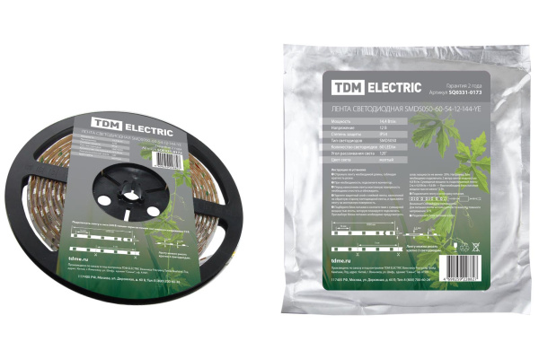 TDM Лента светодиодная SMD5050-60-54-12-144-YE 60LED/м, IP54, 12В, 14,4Вт, желтый, (У) SQ0331-0173