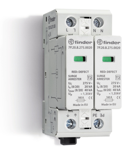 Finder Устройство защиты от импульсных перенапряжений УЗИП тип 2 (2 варистора); модульный, без доп.контакта; степень защиты IP20 7P2782750020