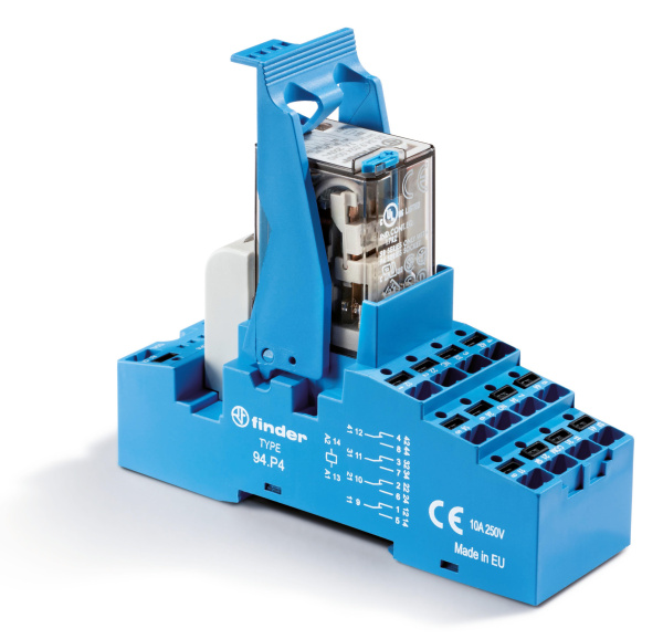 Finder Интерфейсный модуль (сборка 55.34.9.012.0040 + 99.02.9.024.99 + 94.P4SPA), электромеханическое реле; 4CO 7A; контакты AgNi; питание 12В AC; кат 58P490120050SPA