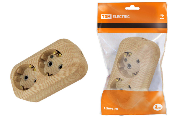 TDM Колодка розеточная 2 гнезда 2П+З 16А 250В "Эко" (сосна) SQ1806-0046