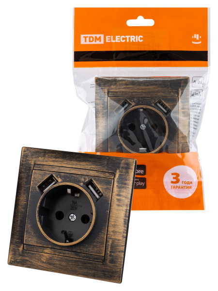 TDM Розетка 2П+З 16А 250В + 2 USB порта 2,1А 5В старинная бронза "Лама" SQ1815-0772