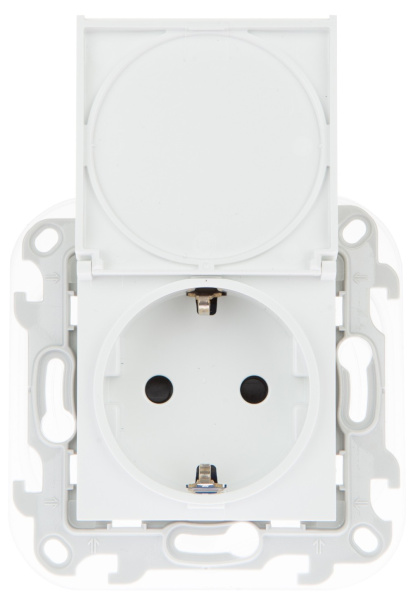 Simon 24 Белая Розетка 2К+3 Sсhuko IP44 c крышкой и защитными шторками 2450448-030