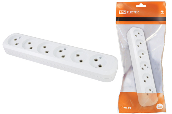 TDM Колодка розеточная 6 гнезд 2П б/з 10А 250В белая SQ1806-0038